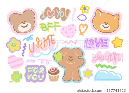 Cute vector illustration of teddy bear, cat, clover leaf, puppy, star, flower, heart, cupcake for animals, cartoon character, cute patches, standee, shirt print, kid doll, plush toy, sweet dessert Cute vector illustration of teddy bear, cat, clover leaf, puppy, star, flower, heart, cupcake for animals, cartoon character, cute patches, standee, shirt print, kid doll, plush toy, sweet dessert 117741522