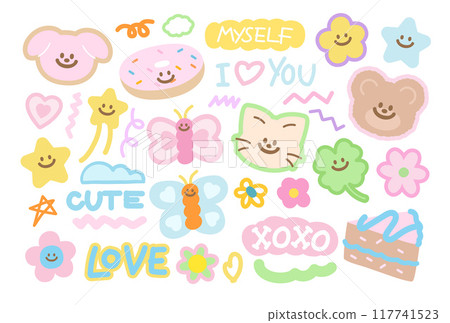 Cute vector illustration of teddy bear, cat, clover leaf, puppy, cat, butterfly, star, flower, heart, cake, donut for animals, cartoon character, cute patches, kid doll, plush toy, sweet dessert, logo 117741523