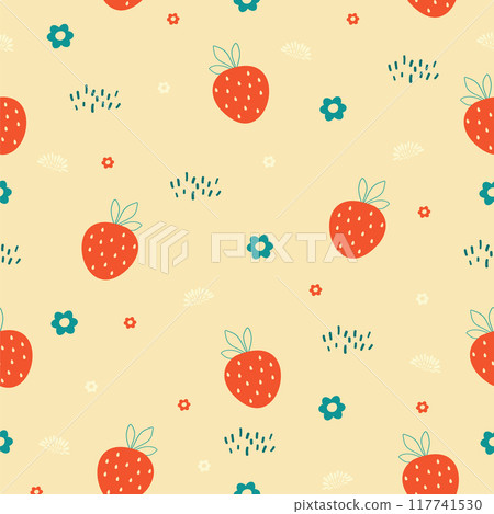 Colorful doodle yummy seamless vector pattern. Strawberry harvesting childish simple background. 117741530