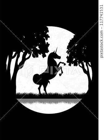 Unicorn silhouette standing in dusk meadow. Fairy tale meadow landscape 117741531