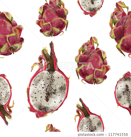Pitaya pattern, pink dragon fruit. Exotic tropical ripe fruit, slices and whole, hand drawn watercolor pattern in realistic style. 117741550