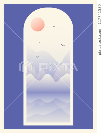 Aesthetic blue mountains morning landscape view. Red sunrise illustration. Springtime Aesthetic blue mountains morning landscape view. Red sunrise illustration. Springtime 117741589