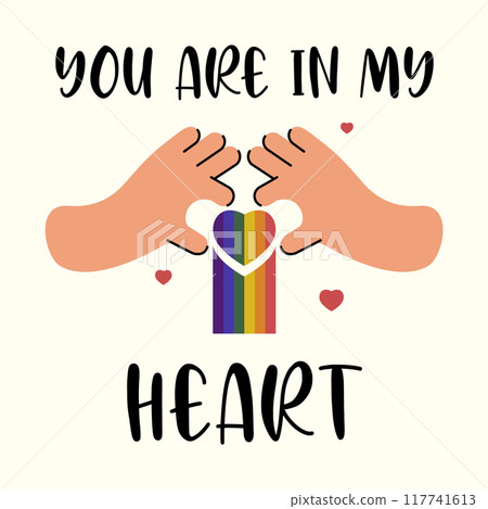 Hand holding heart in rainbow colors illustration. Diverse people supporting LGBTQ community. Pride Month 117741613