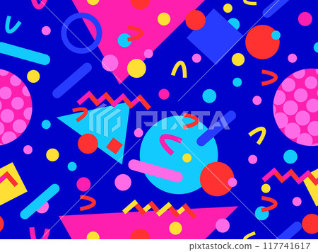 Geometric seamless pattern with memphis elements in 80s style. Colorful geometric pattern. Design of promotional products, wrapping paper and printing. Vector illustration 117741617