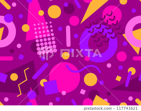 Geometric seamless pattern with memphis elements in 80s style. Colorful geometric pattern. Design of promotional products, wrapping paper and printing. Vector illustration Geometric seamless pattern with memphis elements in 80s style. Colorful geometric pattern. Design of promotional products, wrapping paper and printing. Vector illustration 117741621