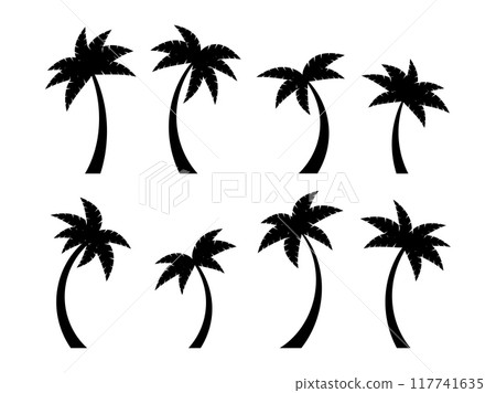 Black palm trees icon set isolated on white background. Collection of tropical palm trees silhouettes for poster, banner and promotional products. Summer time. Vector illustration 117741635