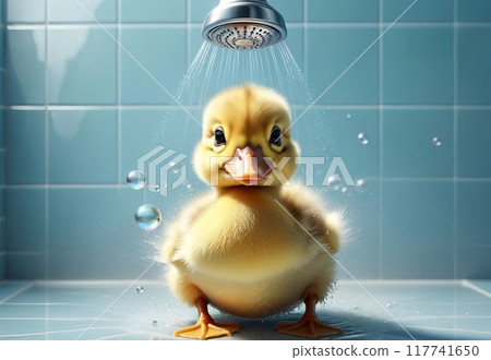 cute beautiful duckling bathing underwater in the shower 117741650