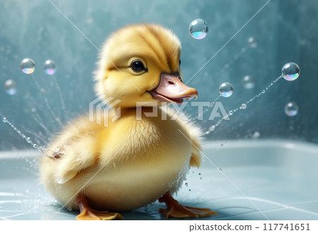 cute beautiful duckling bathing underwater in the shower 117741651
