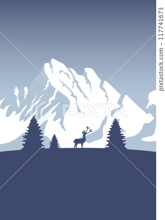 Alps Mountain landscape wildlife illustration. Minimalist Pyrenees view with forest and deer poster. 117741673