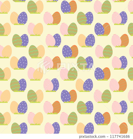 Pattern for easter, eggs on lawn grass. Easter eggs for hunting in pastel gentle colors. 117741686