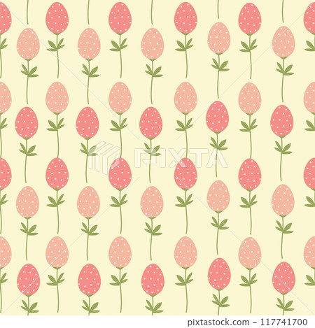Pattern for easter on a beige background. Easter eggs, branches, flowers in pastel gentle colors. 117741700