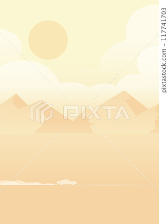 Car in the desert with mountains and clouds. Highway and a passing car landscape illustration. 117741703