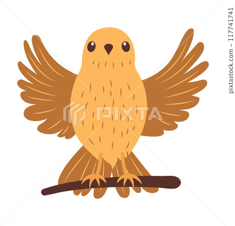 Cute Eagle Hawk Falcon Bird Animal Cartoon Character Flapping Wings on Tree Branch 117741741