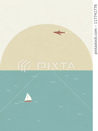 Morning landscape with sea and vessel vector illustration. Flying plane in the sky. Morning landscape with sea and vessel vector illustration. Flying plane in the sky. 117741776
