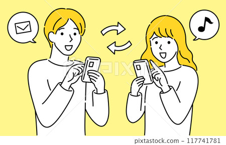 A simple vector illustration of a male and female couple using a smartphone A simple vector illustration of a male and female couple using a smartphone 117741781