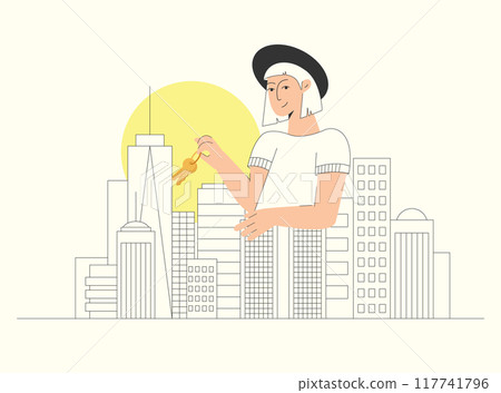 Real estate agent with keys flat illustration. Buying property concept. Business woman. Real estate agent with keys flat illustration. Buying property concept. Business woman. 117741796