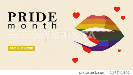 Rainbow lips LGBTQ heart, pride month banner. Multiracial love. lgbtq+ support poster Rainbow lips LGBTQ heart, pride month banner. Multiracial love. lgbtq+ support poster 117741801