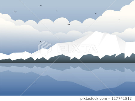 Aesthetic cloudy snowy mountains landscape near lake. Modern boho background with winter frozen alps. Aesthetic cloudy snowy mountains landscape near lake. Modern boho background with winter frozen alps. 117741812
