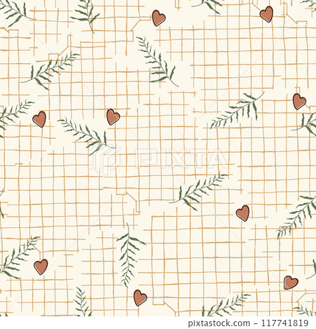 Grid line wall with small hearts and branches pattern. Spring ivy plants vector illustration 117741819