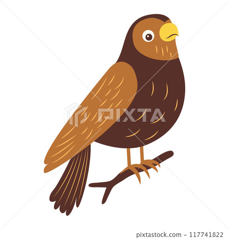 Cute Brown Eagle Hawk Falcon Bird Animal Cartoon Character Perched on Tree Branch 117741822