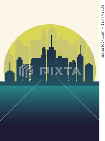 Morning sky and city by the sea silhouette illustration. Modern background with sunrise in town harbor Morning sky and city by the sea silhouette illustration. Modern background with sunrise in town harbor 117741833