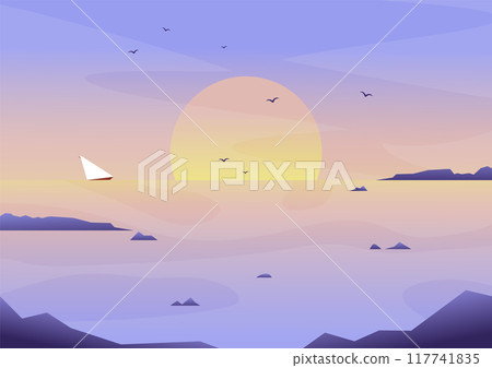Morning landscape with sea and vessels vector illustration. Seaside with mountains. Scandinavia 117741835