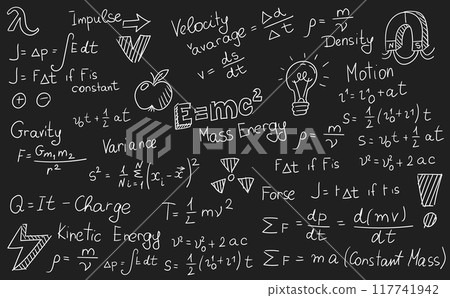 Physics formulas, science and education background. Chalkboard inscribed with scientific formulas and calculations in physics and mathematics. Retro vector illustration 117741942