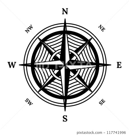 Retro compass icon. Hand drawn wind rose. Old vector design element for marine theme or heraldry. Vintage rose of wind for sea marine navigation 117741996
