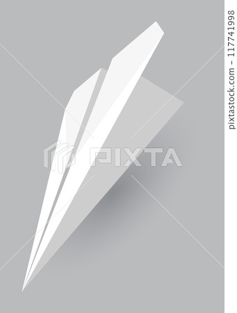 Paper plane model. Origami handmade aircraft view. Vector white paper airplane with shadow, isolated on gray background 117741998