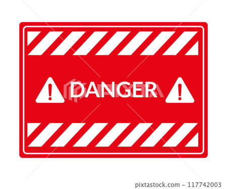 Danger warning board icon. Caution and dangerous area. Red sign for safety, hazard shock. Keep out caution warning and risk zone. Vector cartoon illustration 117742003