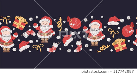 Seamless Christmas border with festive elements. Pattern with Santa Claus and gifts. Background for festive design of cards, websites, fabric, etc. Seamless Christmas border with festive elements. Pattern with Santa Claus and gifts. Background for festive design of cards, websites, fabric, etc. 117742097