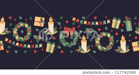 Seamless Christmas border with festive elements. Pattern with candle with holly, Christmas wreath and gifts. Background for festive design of cards, websites, fabric, etc. Seamless Christmas border with festive elements. Pattern with candle with holly, Christmas wreath and gifts. Background for festive design of cards, websites, fabric, etc. 117742098