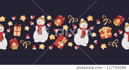 Seamless Christmas border with festive elements. Pattern with snowman, stars and gifts. Background for festive design of cards, websites, fabric, etc. Seamless Christmas border with festive elements. Pattern with snowman, stars and gifts. Background for festive design of cards, websites, fabric, etc. 117742099