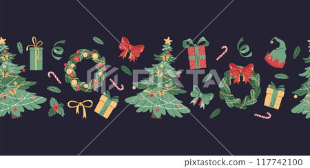 Seamless Christmas border with festive elements. Pattern with Christmas tree, wreaths, gifts. Background for festive design of cards, websites, fabric, etc. Seamless Christmas border with festive elements. Pattern with Christmas tree, wreaths, gifts. Background for festive design of cards, websites, fabric, etc. 117742100