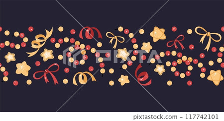 Seamless Christmas border with festive elements. Pattern with garland, bows, decorations. Background for festive design of cards, websites, fabric, etc. Seamless Christmas border with festive elements. Pattern with garland, bows, decorations. Background for festive design of cards, websites, fabric, etc. 117742101