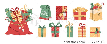 Set of Christmas gifts on an isolated background. Santa s bag of gifts. Vector illustration for stickers and postcards 117742108