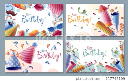 Set of Happy Birthday banners and posters with party cap, photo booth accessories and confetti. Background, banner template for birthday celebration 117742109