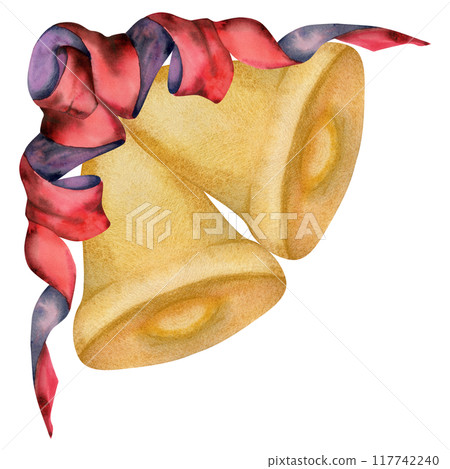 Christmas bell, gold ornament decoration with red ribbon bow. Watercolor hand drawn illustration, composition isolated on white. Xmas, happy new year festive, noel navidad holiday. For cards, gifts. Christmas bell, gold ornament decoration with red ribbon bow. Watercolor hand drawn illustration, composition isolated on white. Xmas, happy new year festive, noel navidad holiday. For cards, gifts. 117742240