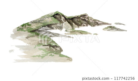 Scenery landscape mountain range peaks crags cliffs alpine vista grass top, watercolor hand drawn illustration. Single isolated element for tourism, resort ads, hiking camping sites vacation, maps. Scenery landscape mountain range peaks crags cliffs alpine vista grass top, watercolor hand drawn illustration. Single isolated element for tourism, resort ads, hiking camping sites vacation, maps. 117742256