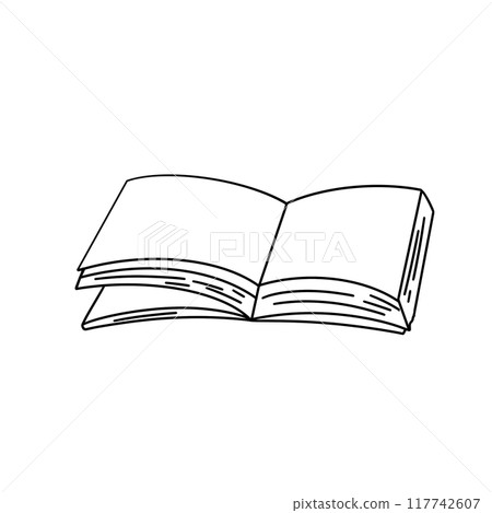 A book is open to a page with a black and white illustration of a book A book is open to a page with a black and white illustration of a book 117742607