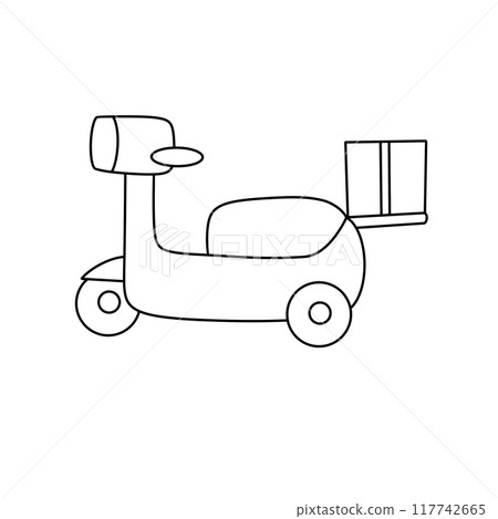 A black and white drawing of a scooter with a delivery box on the back 117742665