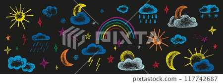 Chalk kid cloud weather symbols set. Vector stock illustration isolated on black background for design template travel blog, meteorology forecast. Kit textural crayon hand drawing symbols. EPS 10  117742687