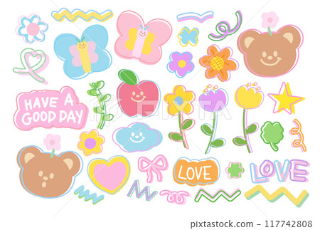 Cute illustrations of teddy bear, butterfly, apple, flowers, clover leaf, pink ribbon, heart for animal, zoo, souvenir shop, spring time, summer break, picnic, pastel sticker set, patches, plush toy 117742808