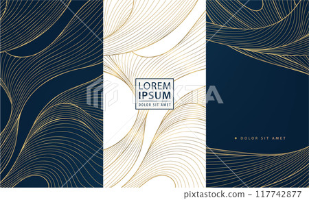 Vector set of wave design line labels, sea patterns, wine package. Art japanese texture, gold luxury abstract ornament. Elegant ocean graphic, fancy illustration. Vector set of wave design line labels, sea patterns, wine package. Art japanese texture, gold luxury abstract ornament. Elegant ocean graphic, fancy illustration. 117742877