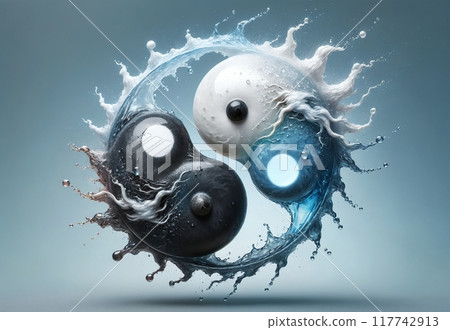 Yin Yang symbol made of water, isolated on blue background 117742913