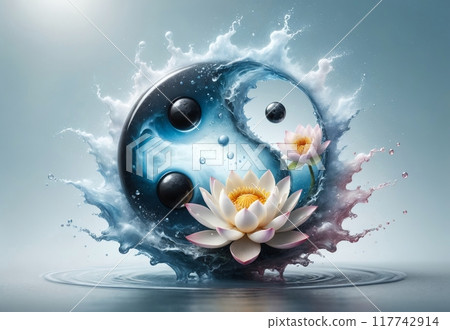 Yin Yang symbol made of water and lotus flower isolated on blue background 117742914