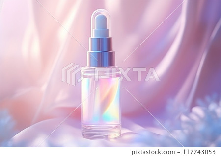 Iridescent Dropper Bottle on Soft Pastel Background 117743053