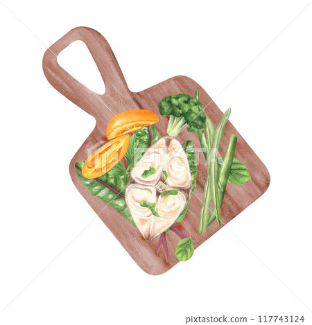 Grilled white fish with fresh green vegetables, leaves, yellow tomato slice on rectangle wooden desk watercolor illustration. Sturgeon steak with greens for healthy food recipes, menu, cookbook Grilled white fish with fresh green vegetables, leaves, yellow tomato slice on rectangle wooden desk watercolor illustration. Sturgeon steak with greens for healthy food recipes, menu, cookbook 117743124