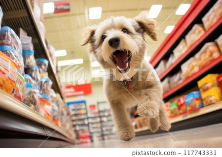Excited dog running through a pet store aisle 117743331