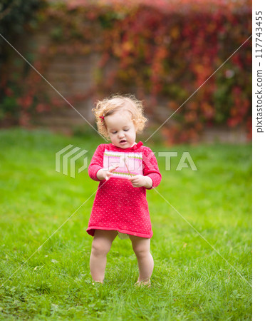 Child in fall park. Kid with autumn leaves. Child in fall park. Kid with autumn leaves. 117743455